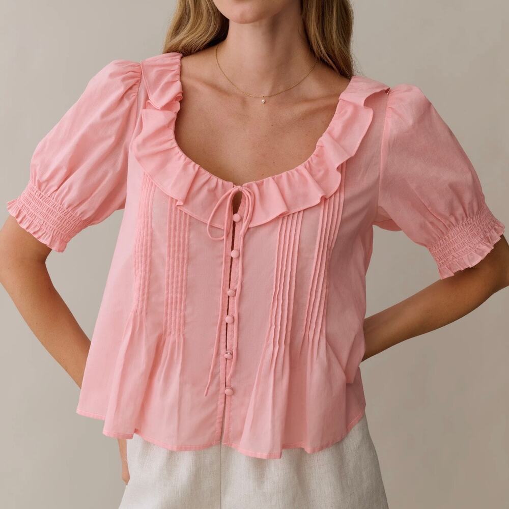 Few Moda Maysilee Pintuck Ruffle Button Blouse Top Pink Small Coquette Boho Chic